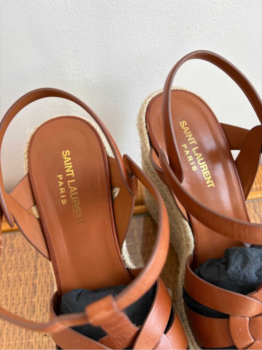Saint Laurent Brown Leather Espadrille Wedge Sandals